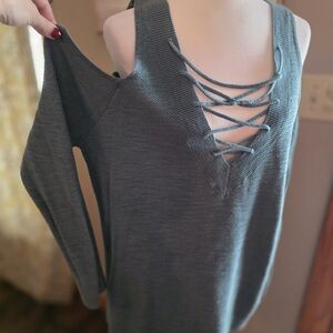 Express Olive Green Scoop Neck Lace-Up Sweater